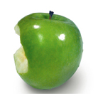 Green apple with a bite taken out.